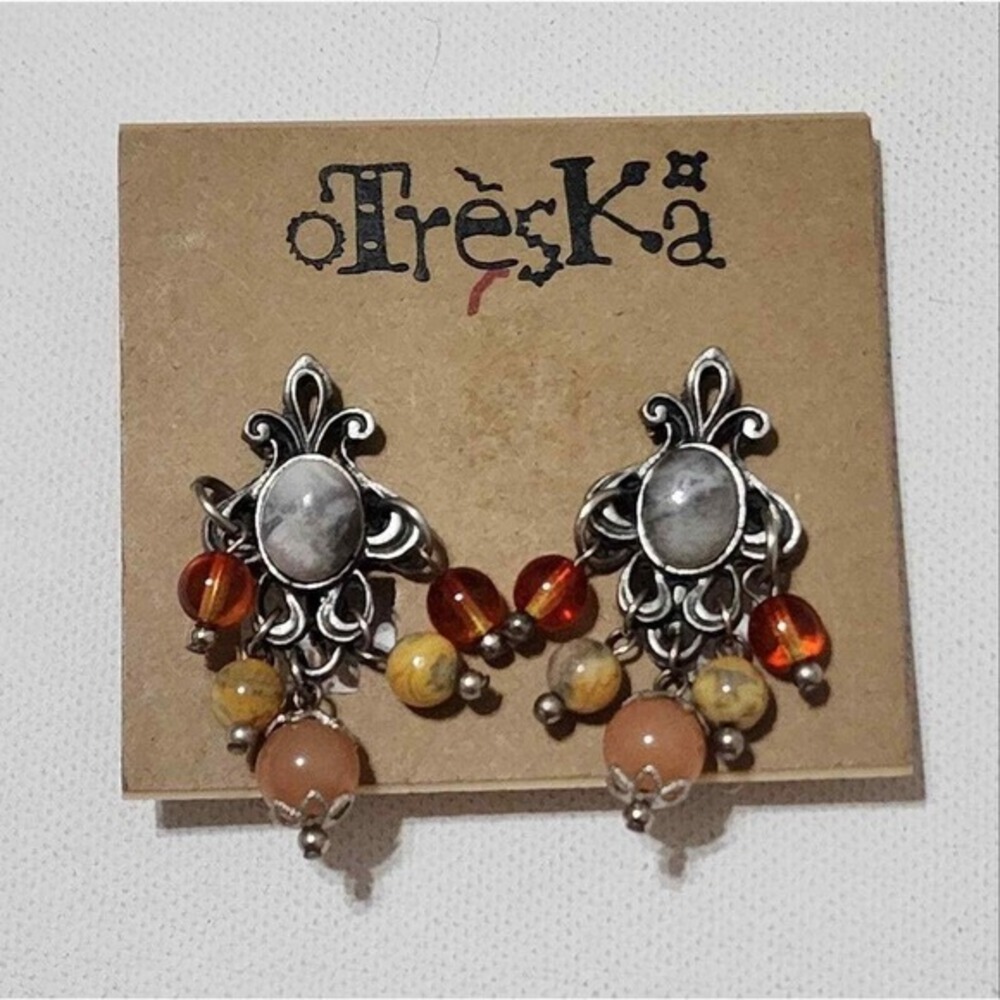 Treska Silver Tone Fleur-de-lis Beaded Chandelier Clip-On Earrings Grey Amber